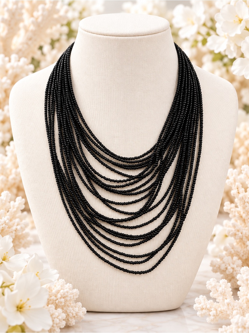 Classic Multi-Strand Black Beaded Necklace - Women Jewelry
